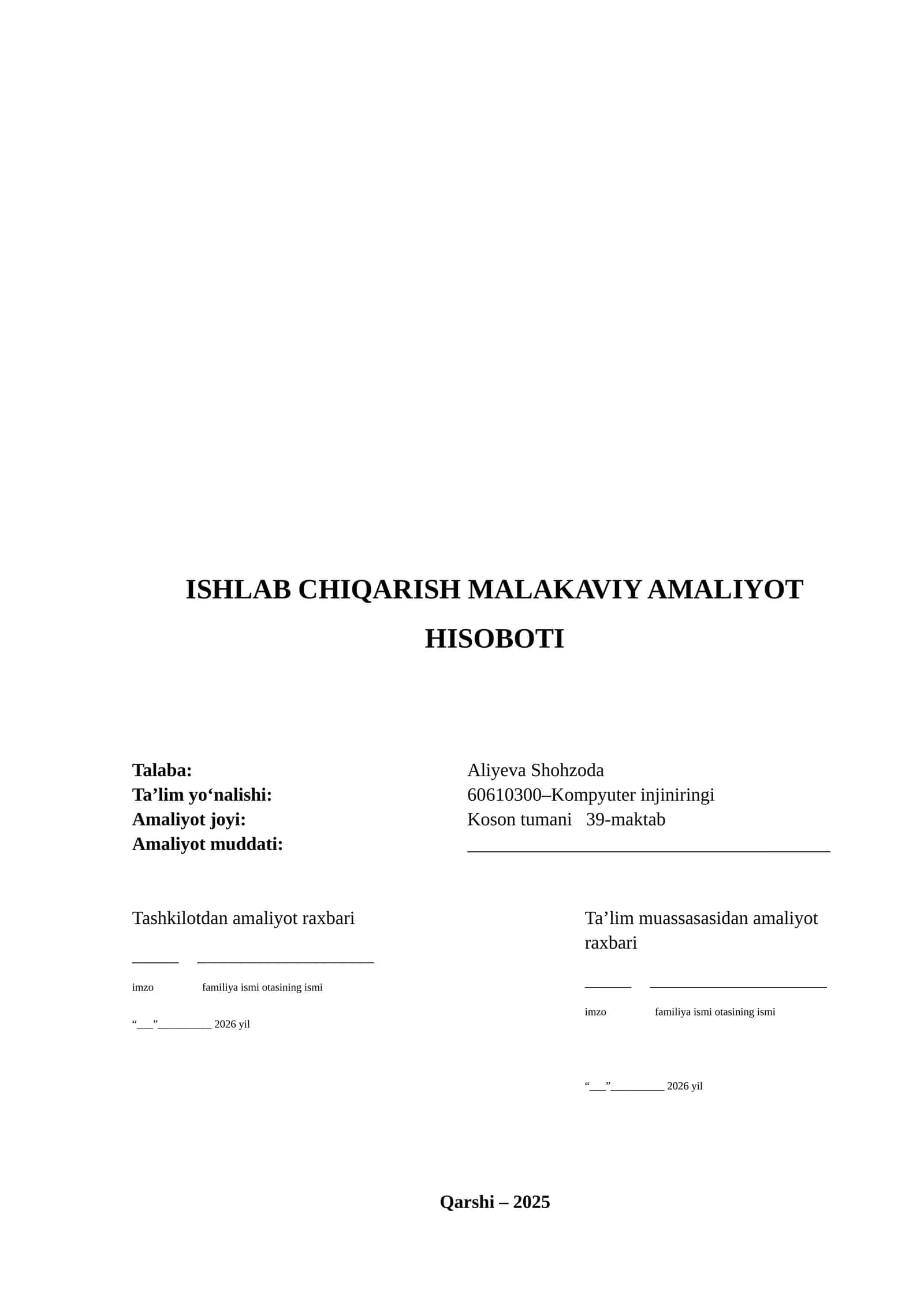 ISHLAB CHIQARISH MALAKAVIY AMALIYOT HISOBOTI 1