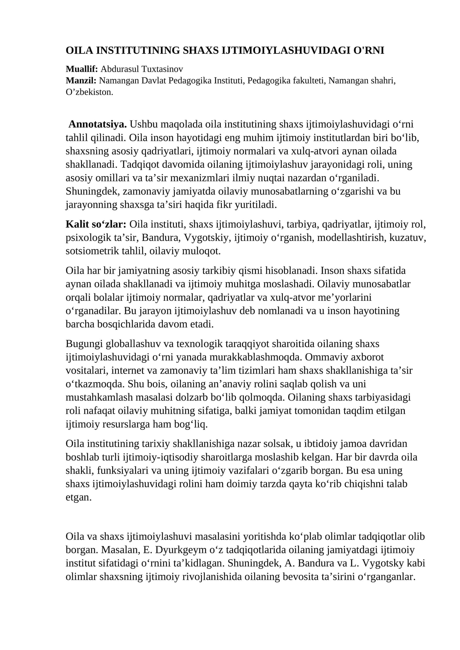 Oila institutining shaxs ijtimoiylashuvidagi o'rni. 1