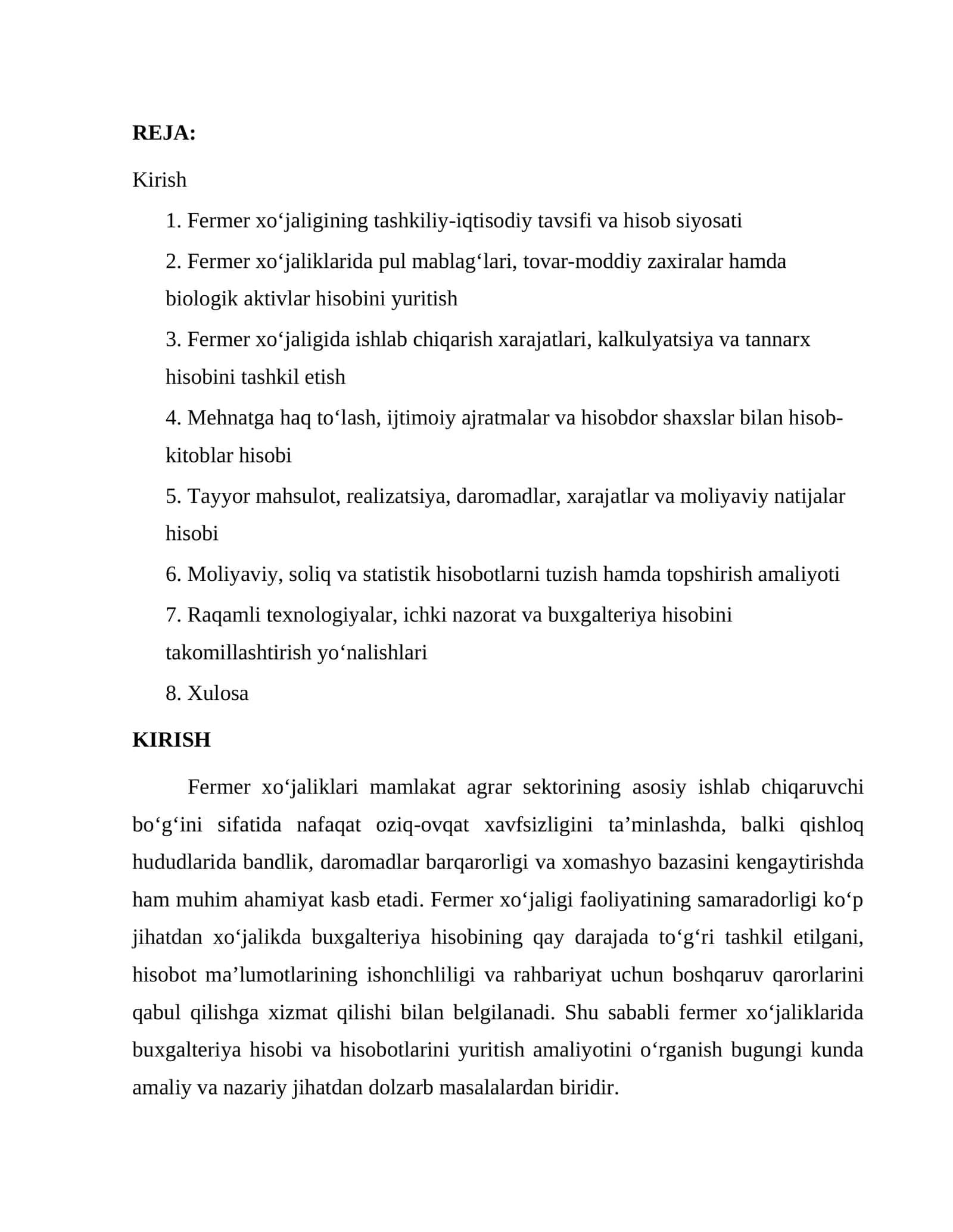 fermer xo'jaligi amaliyot hisoboti 1