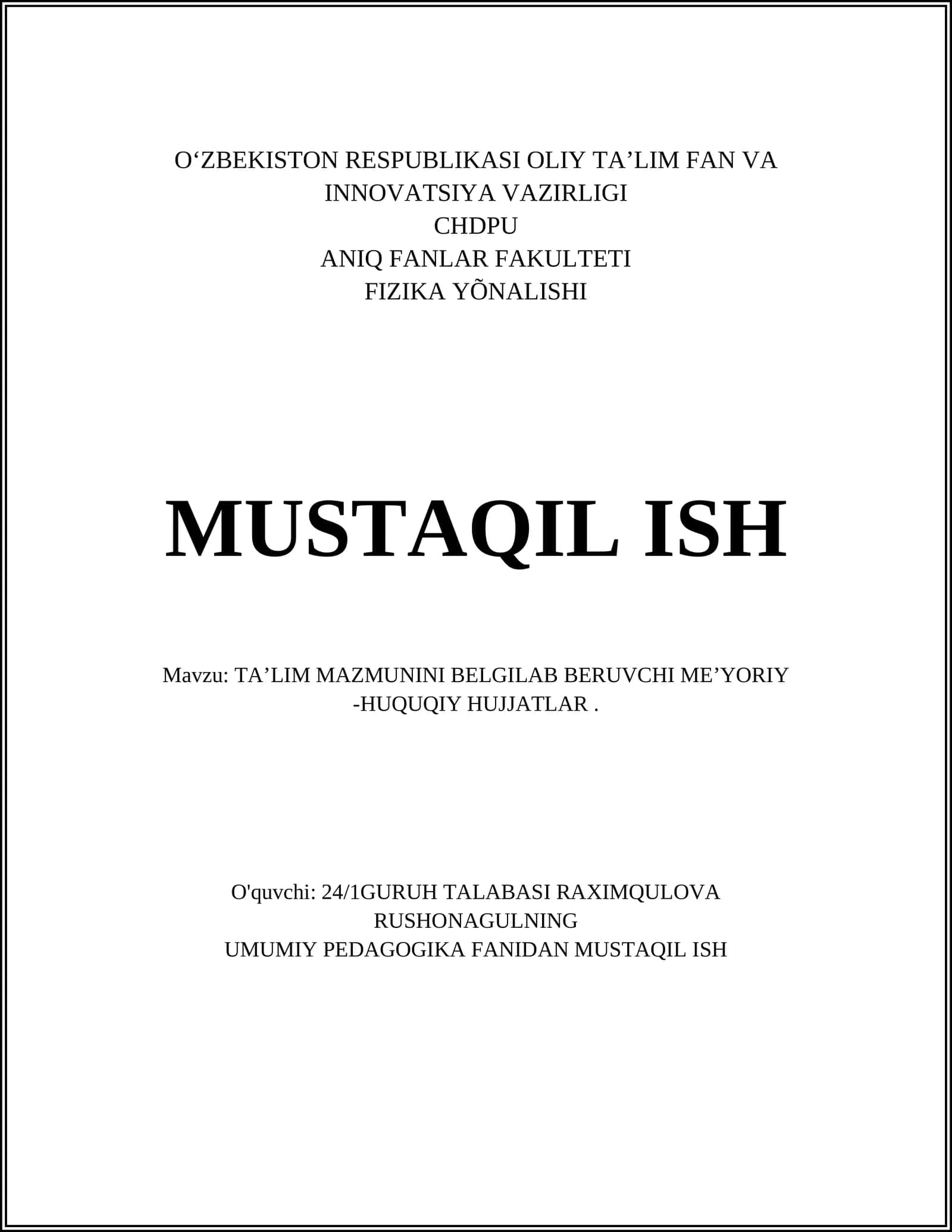 TA’LIM MAZMUNINI BELGILAB BERUVCHI ME’YORIY - HUQUQIY HUJJATLAR 1
