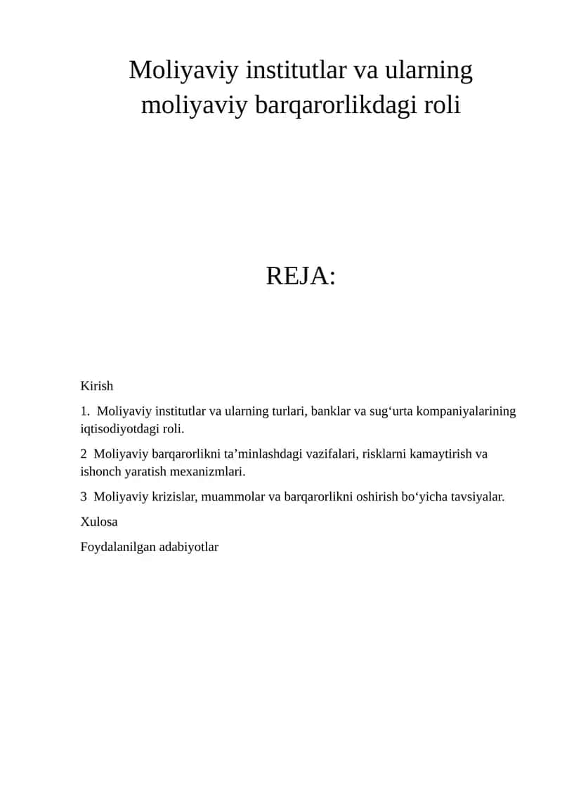 Moliyaviy institutlar va ularning moliyaviy barqarorlikdagi roli 1