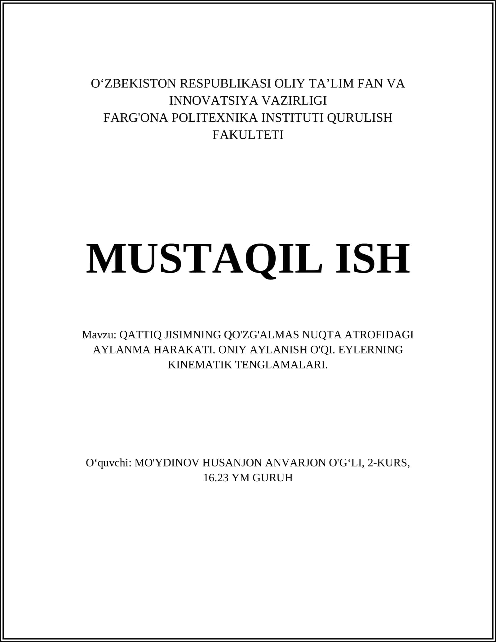 QATTIQ JISIMNING QO'ZG'ALMAS NUQTA ATROFIDAGI AYLANMA HARAKATI 1
