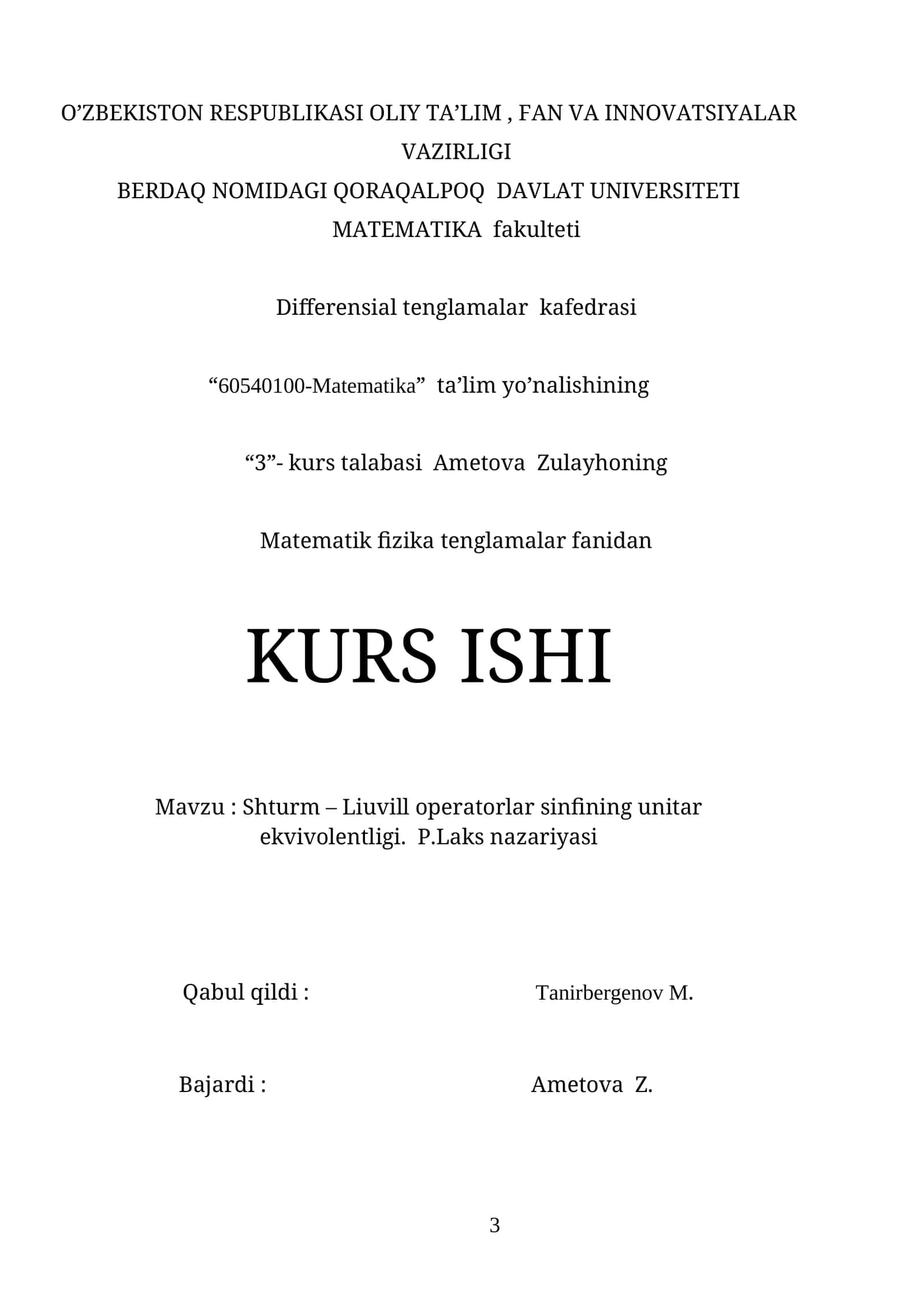 Shturm – Liuvill operatorlar sinfining unitar ekvivalentligi 1