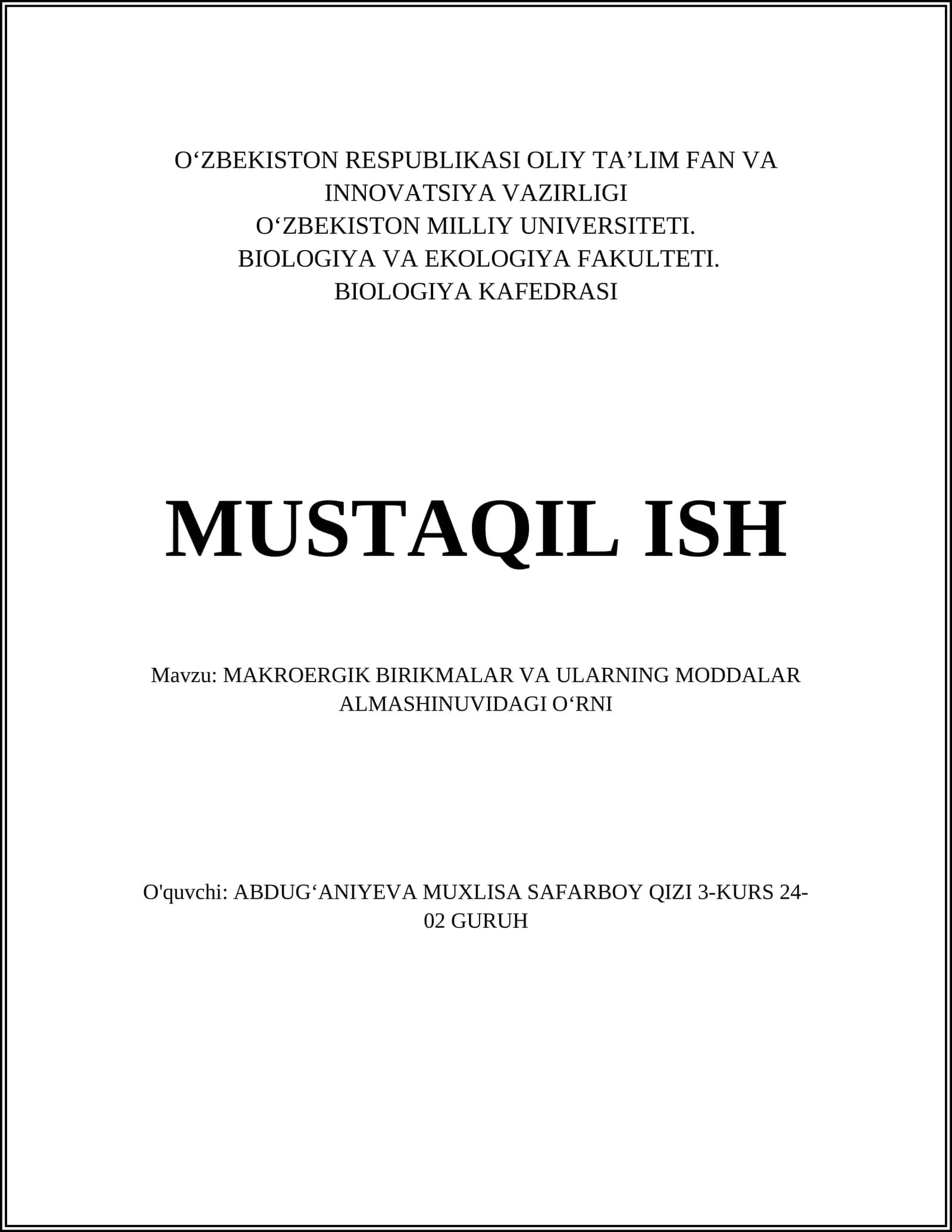 MAKROERGIK BIRIKMALAR VA ULARNING MODDALAR ALMASHINUVIDAGI OʻRNI 1