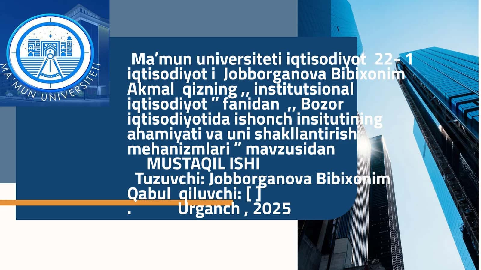 Maʼmun universiteti iqtisodiyot 22- 1 iqtisodiyot i Jobborganova Bibixonim Akmal qizning,, institutsional iqtisodiyot ʼʼ fanidan,, Bozor iqtisodiyotida ishonch insitutining ahamiyati va uni shakllantirish mehanizmlari ʼʼ 1