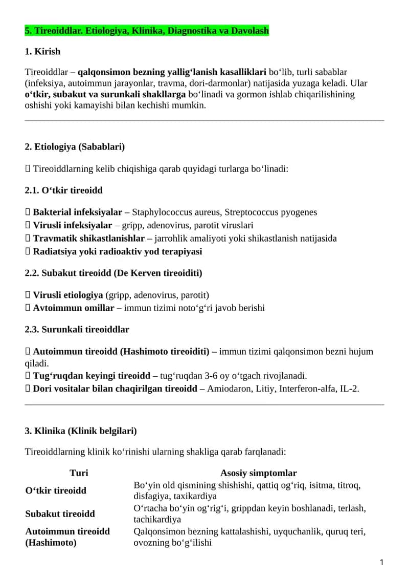 Tireoiddlar. Etiologiya, Klinika, Diagnostika va Davolash 1