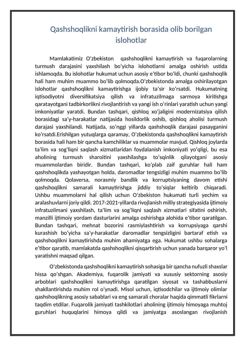 Qashshoqlikni kamaytirish borasida olib borilgan islohotlar 1