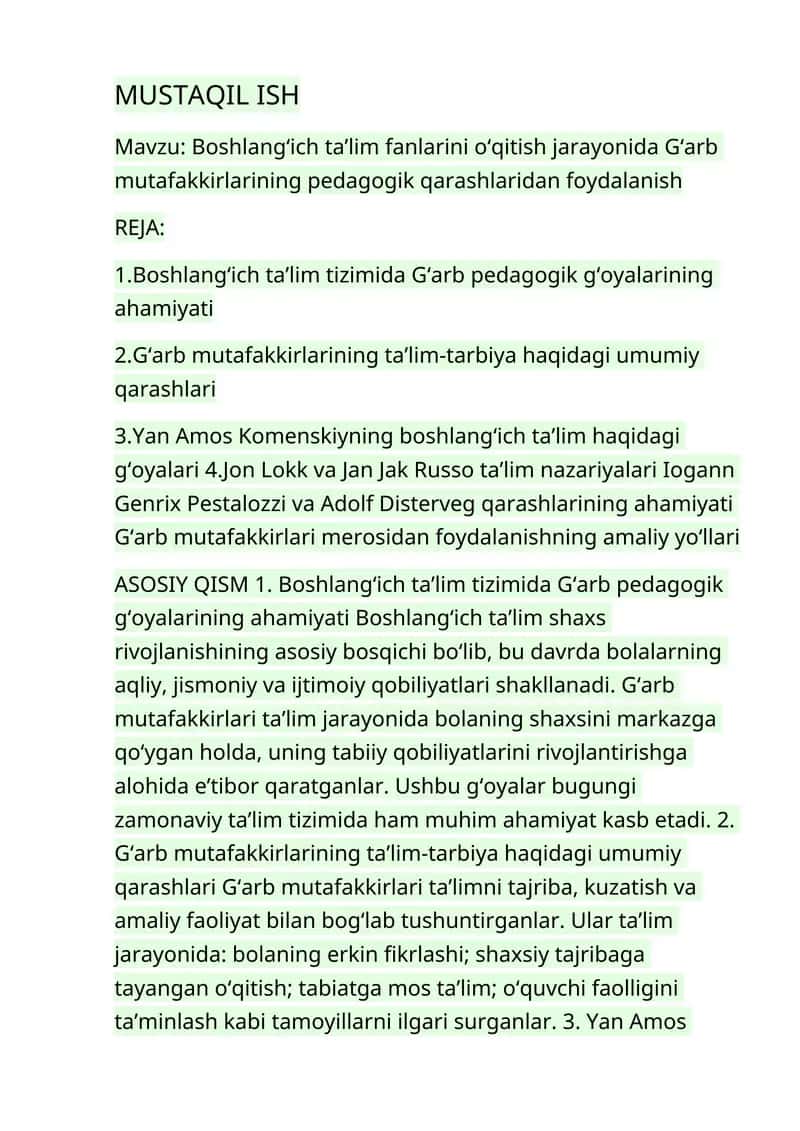 Boshlang‘ich ta’lim fanlarini o‘qitish jarayonida G‘arb mutafakkirlarining pedagogik qarashlaridan foydalanish 1