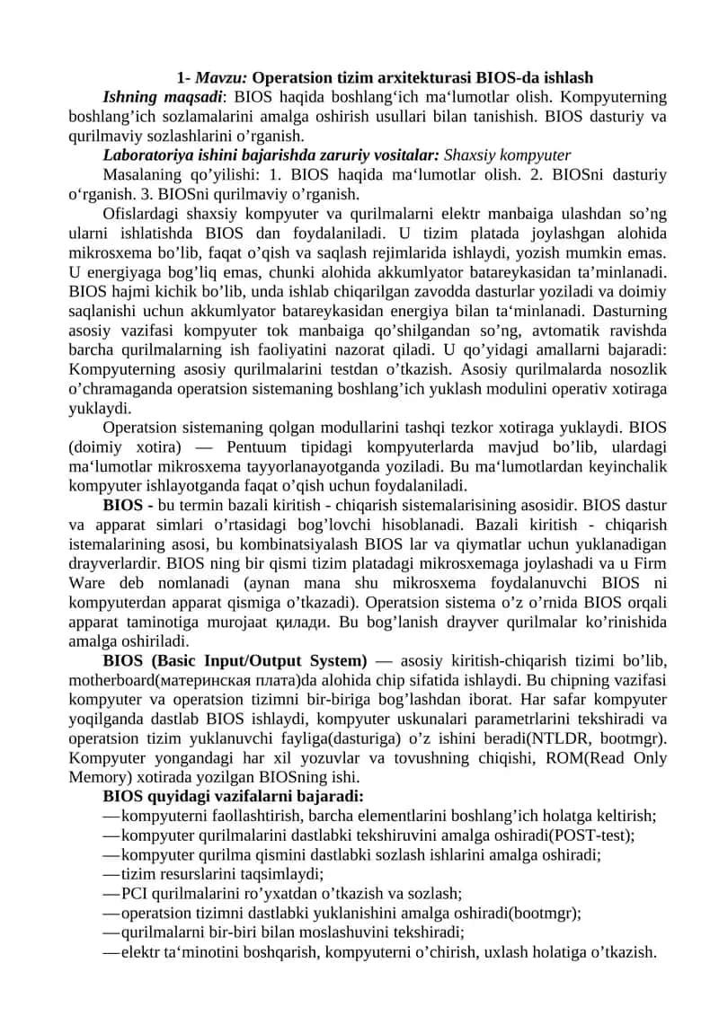 Operatsion tizim arxitekturasi BIOS-da ishlash 1