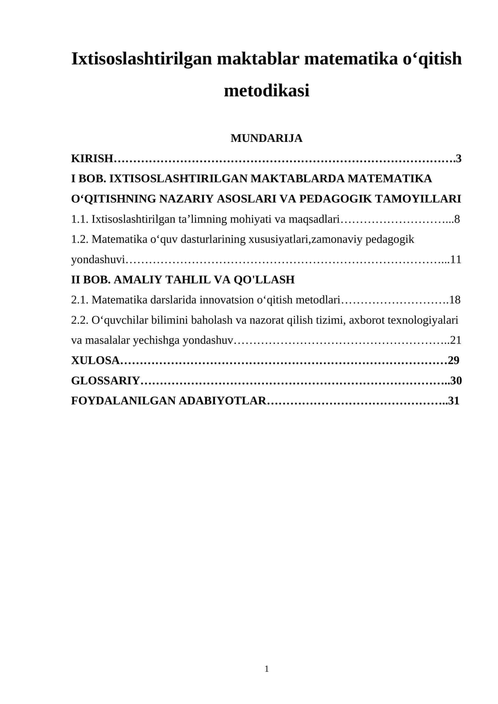 Ixtisoslashtirilgan maktablar matematika oʻqitish metodikasi 1