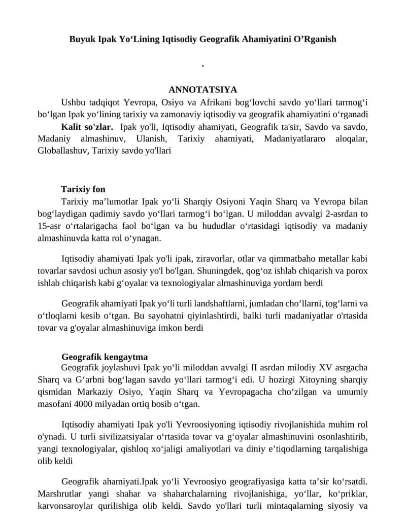 Buyuk Ipak Yo‘Lining Iqtisodiy Geografik Ahamiyatini O’Rganish 1