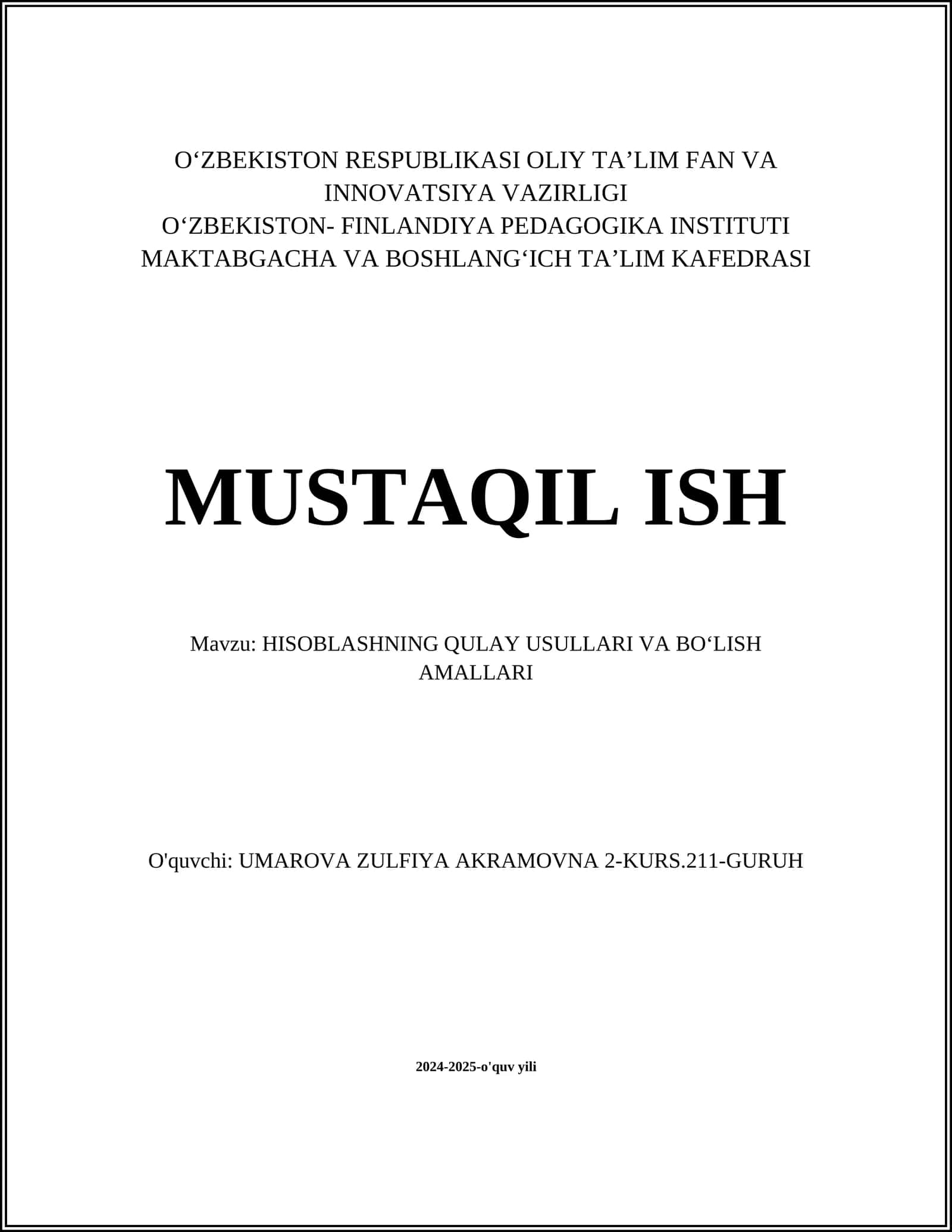 HISOBLASHNING QULAY USULLARI VA BOʻLISH AMALLARI 1