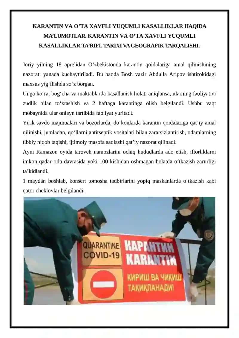 KARANTIN VA O’TA XAVFLI YUQUMLI KASALLIKLAR HAQIDA MA’LUMOTLAR