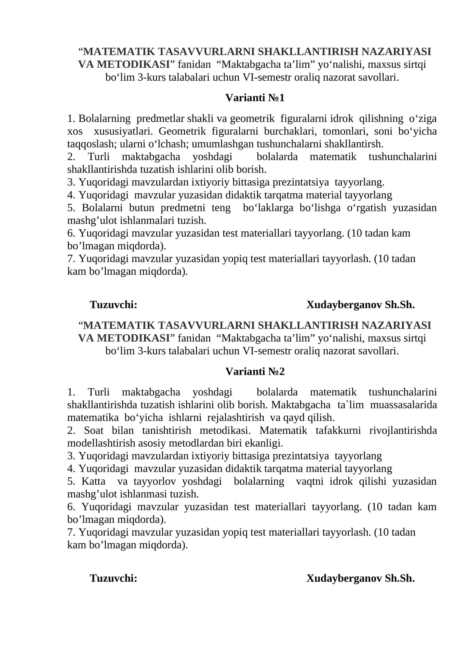 "MATEMATIK TASAVVURLARNI SHAKLLANTIRISH NAZARIYASI VA METODIKASI" 1