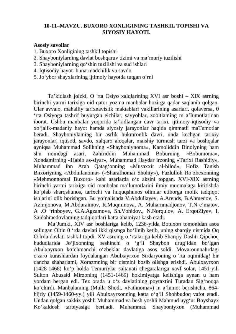 Buxoro Xonligining Tashkil Topishi va Siyosiy Hayoti 1