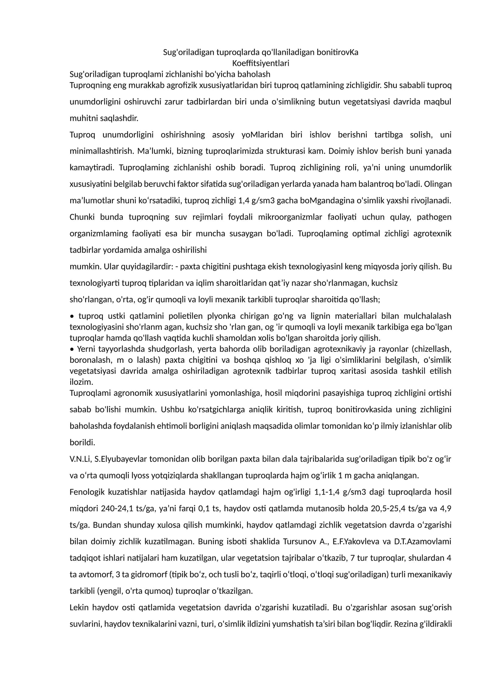 Sug'oriladigan tuproqlarda qo'llaniladigan bonitirovKa 1
