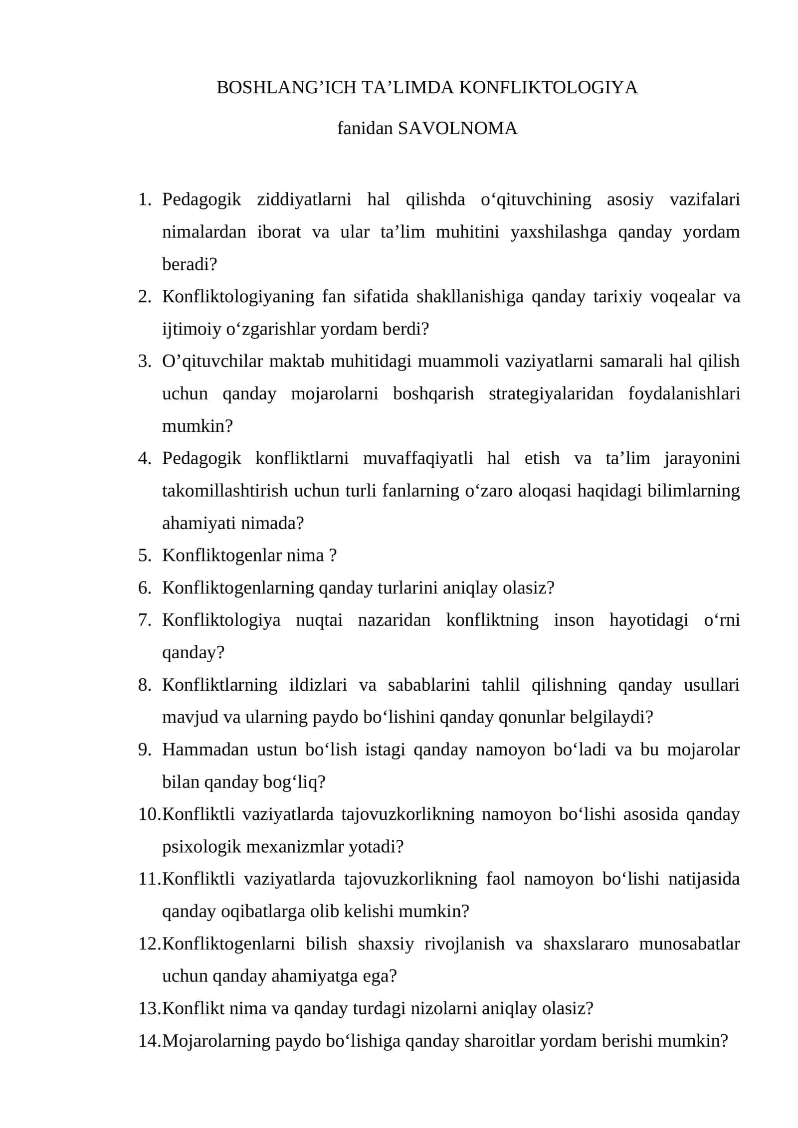 BOSHLANG’ICH TA’LIMDA KONFLIKTOLOGIYA fanidan SAVOLNOMA 1