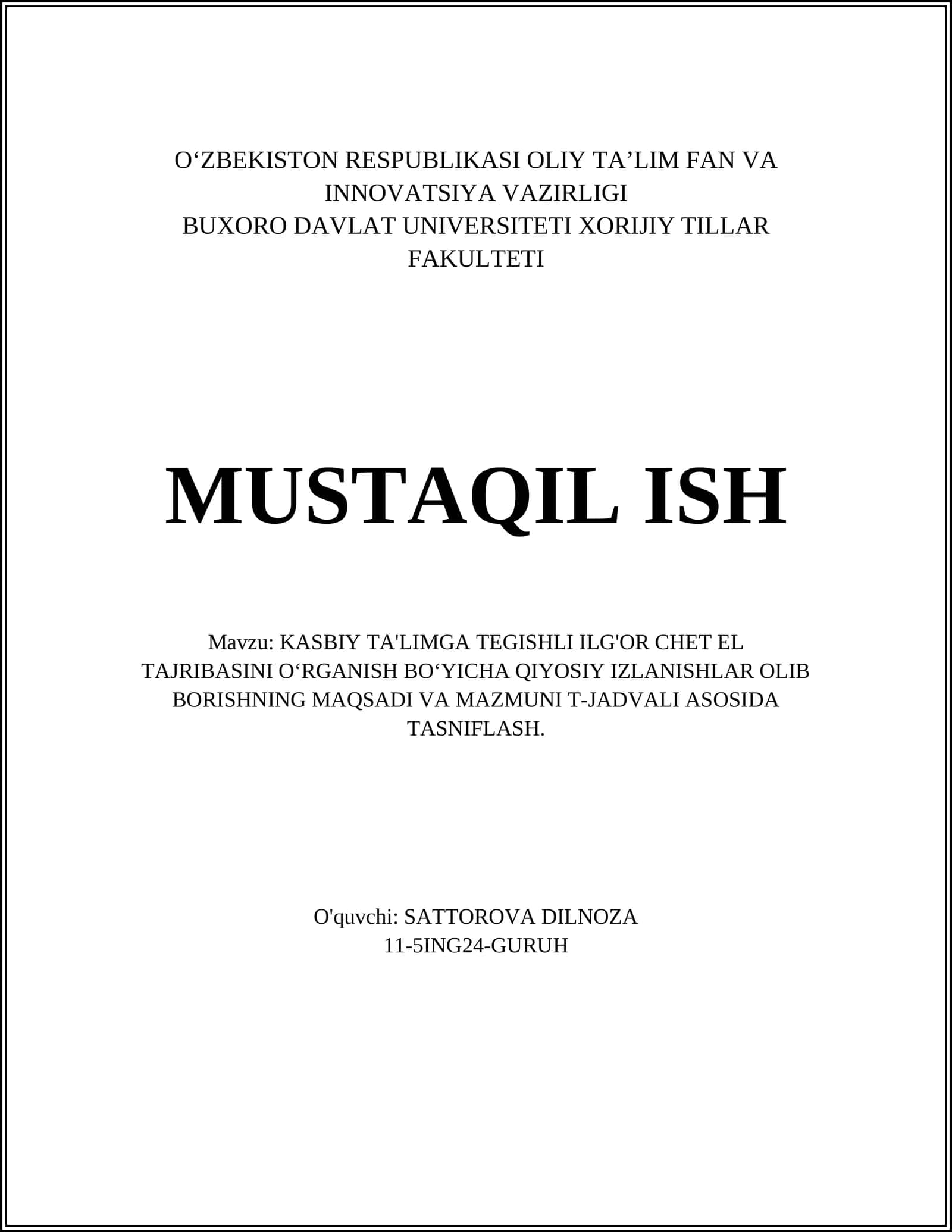 KASBIY TA'LIMGA TEGISHLI ILG'OR CHET EL TAJRIBASINI O‘RGANISH BO‘YICHA QIYOSIY IZLANISHLAR 1