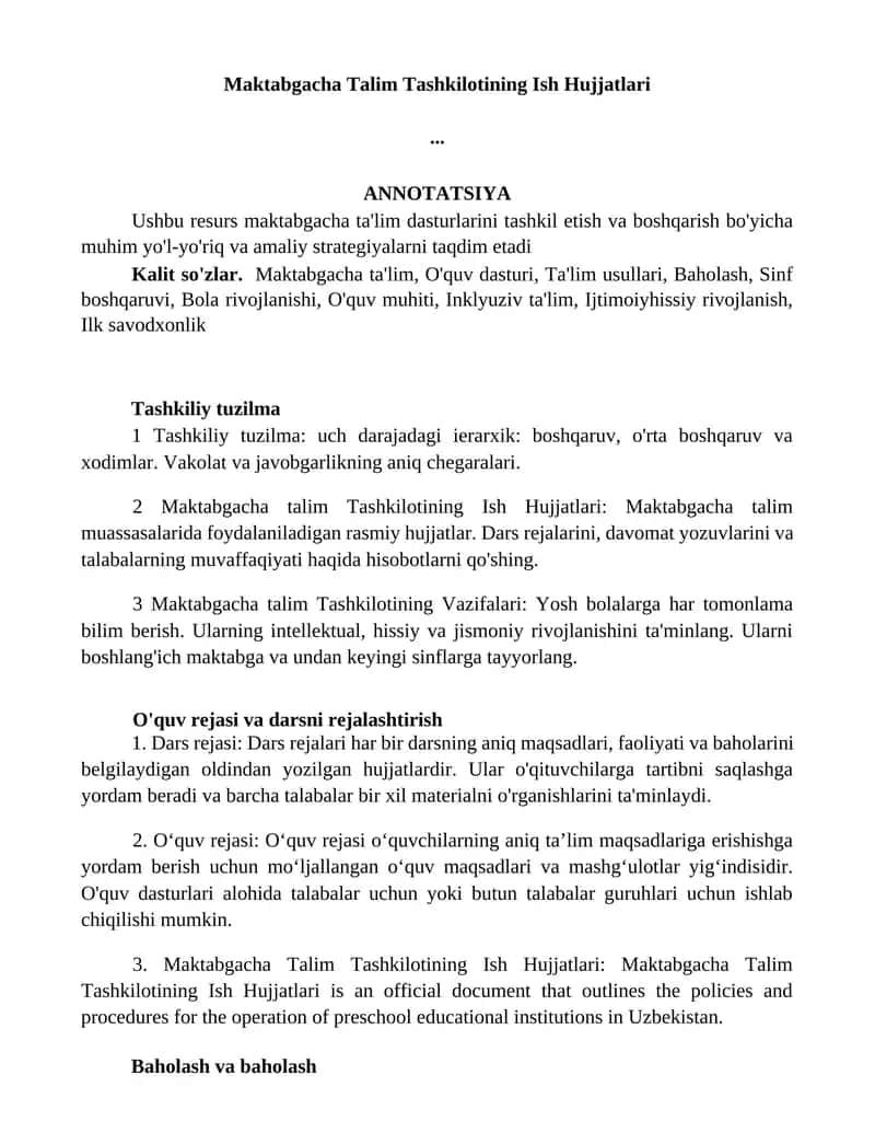 Maktabgacha Talim Tashkilotining Ish Hujjatlari 1