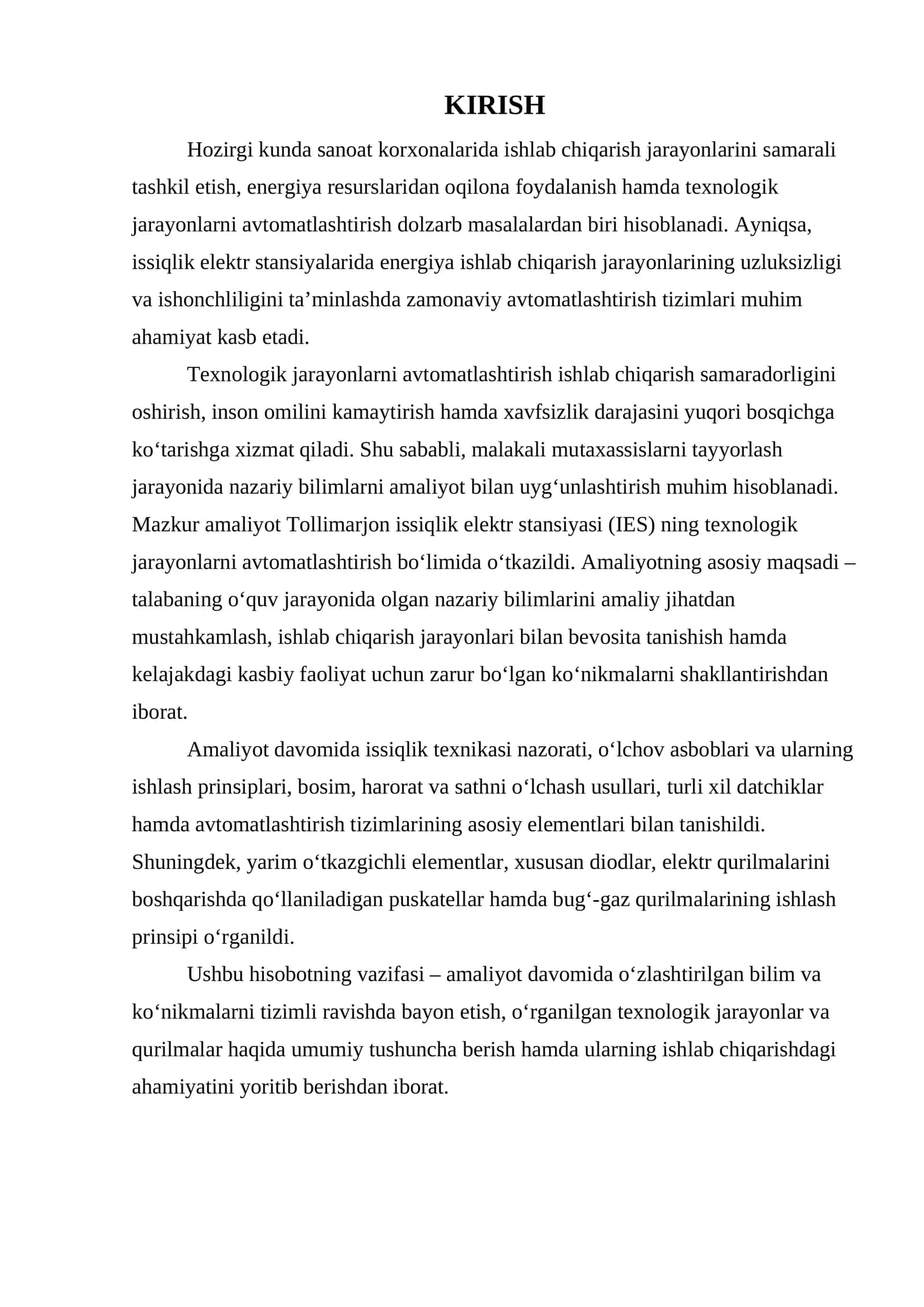 Elektr stansiyalarida amaliyot bo'yicha hisobot 1