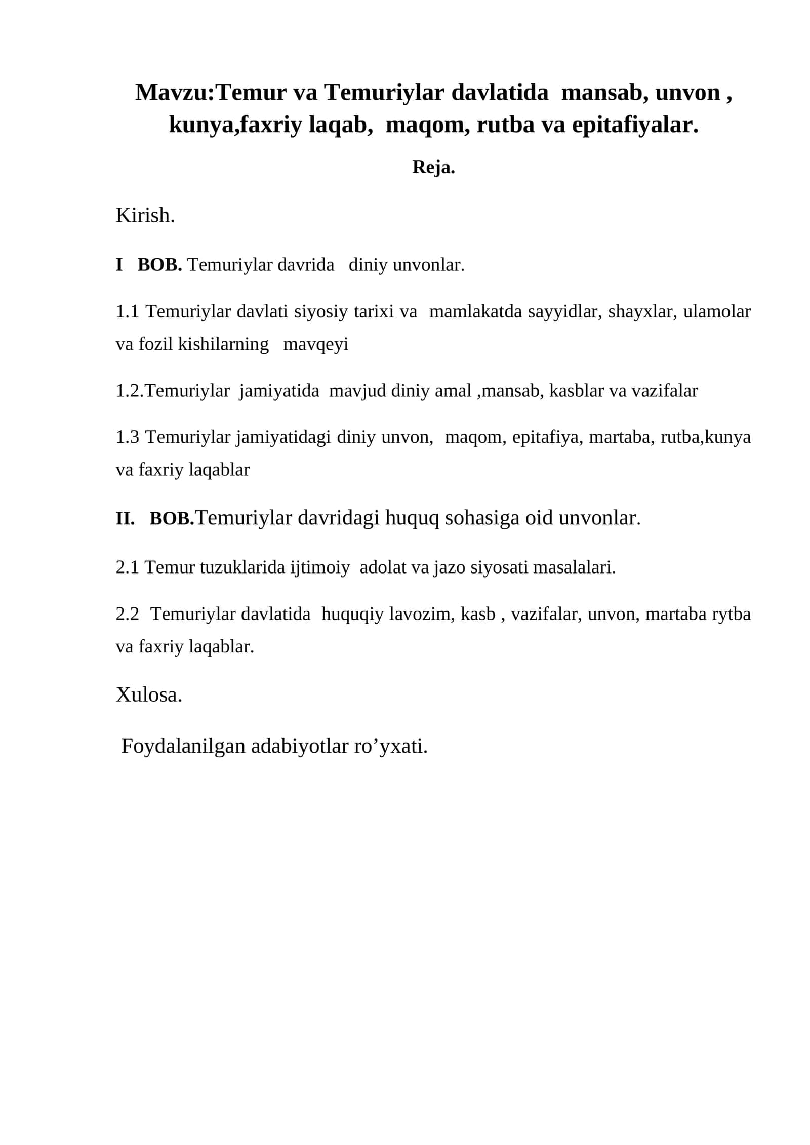 Temur va Temuriylar davlatida mansab, unvon, kunya,faxriy laqab, maqom, rutba va epitafiyalar 1