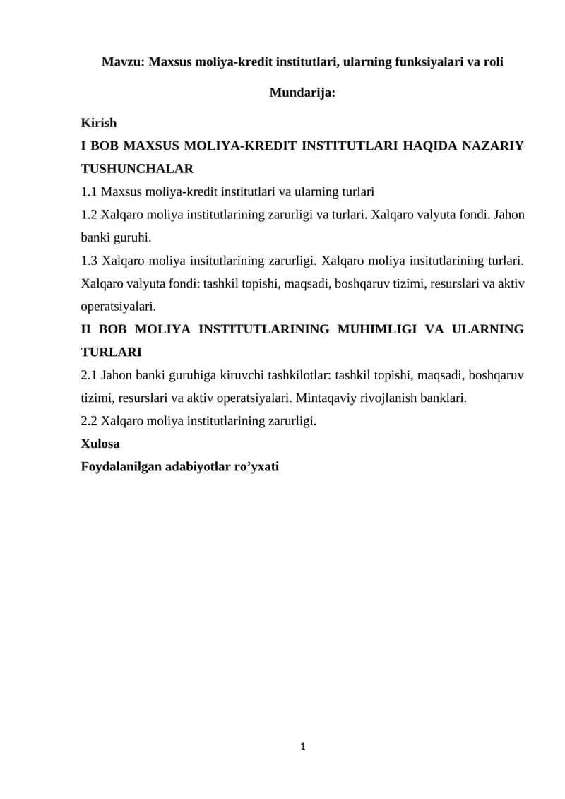 : Maxsus moliya-kredit institutlari, ularning funksiyalari va roli 1