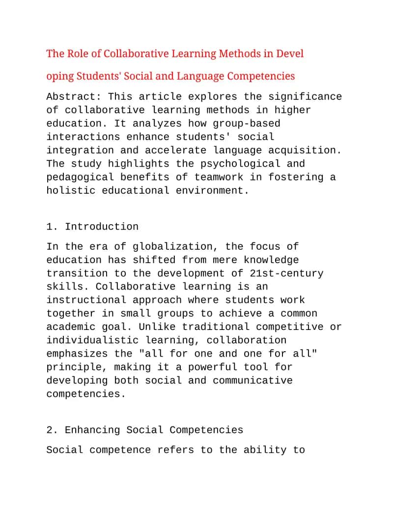 The Role of Collaborative Learning Methods in Developing Students' Social and Language Competencies 1