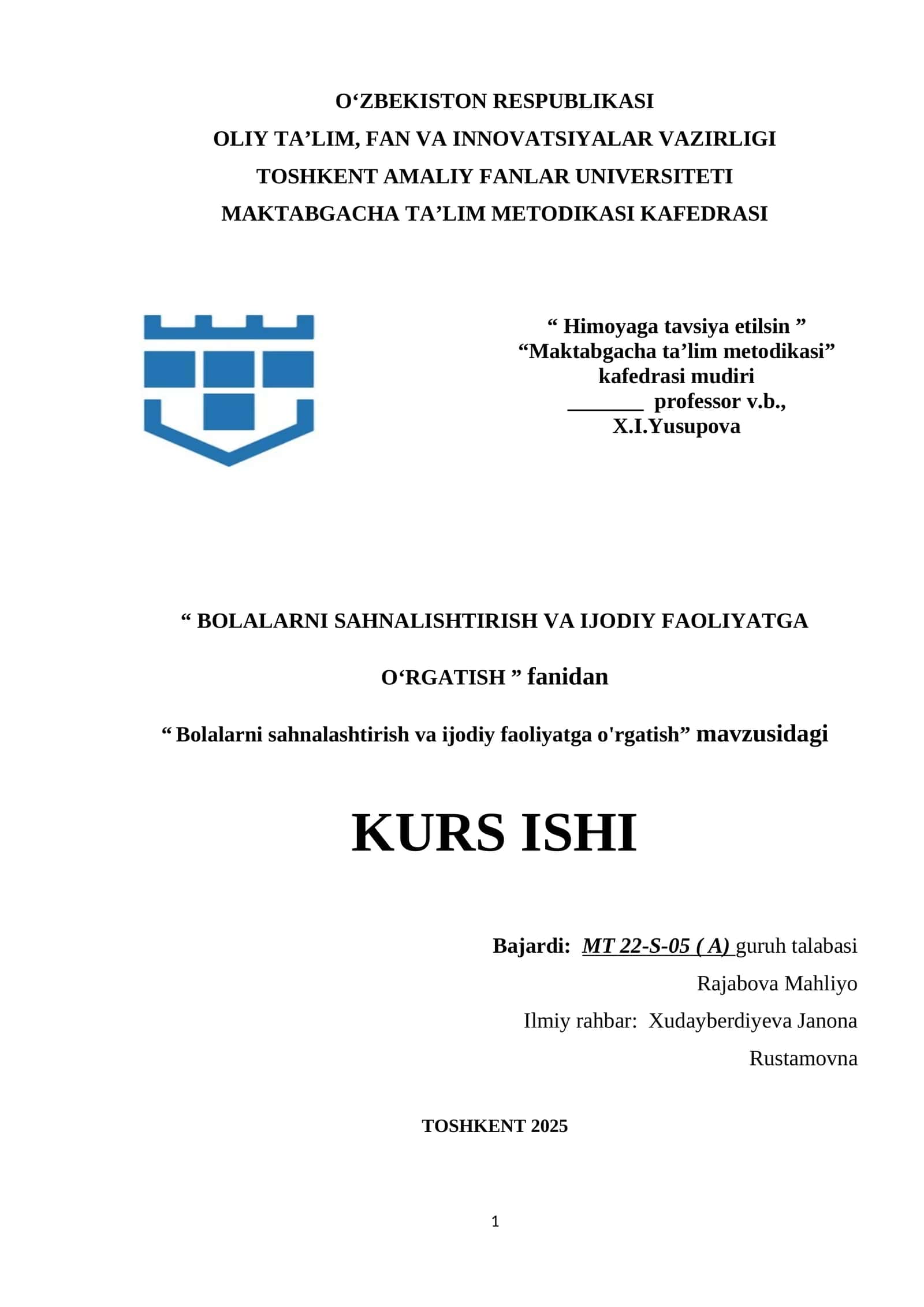 Bolalarni sahnalashtirish va ijodiy faoliyatga o'rgatish. 1