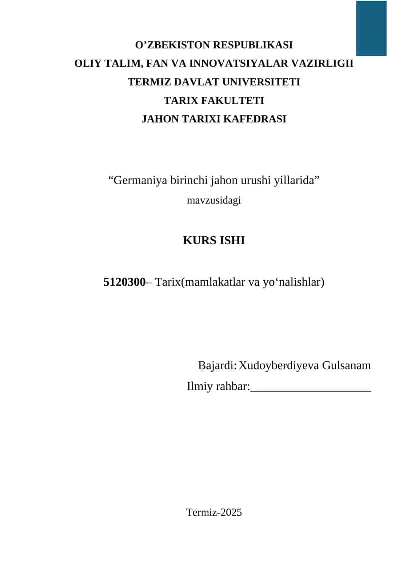 “Germaniya birinchi jahon urushi yillarida” 1