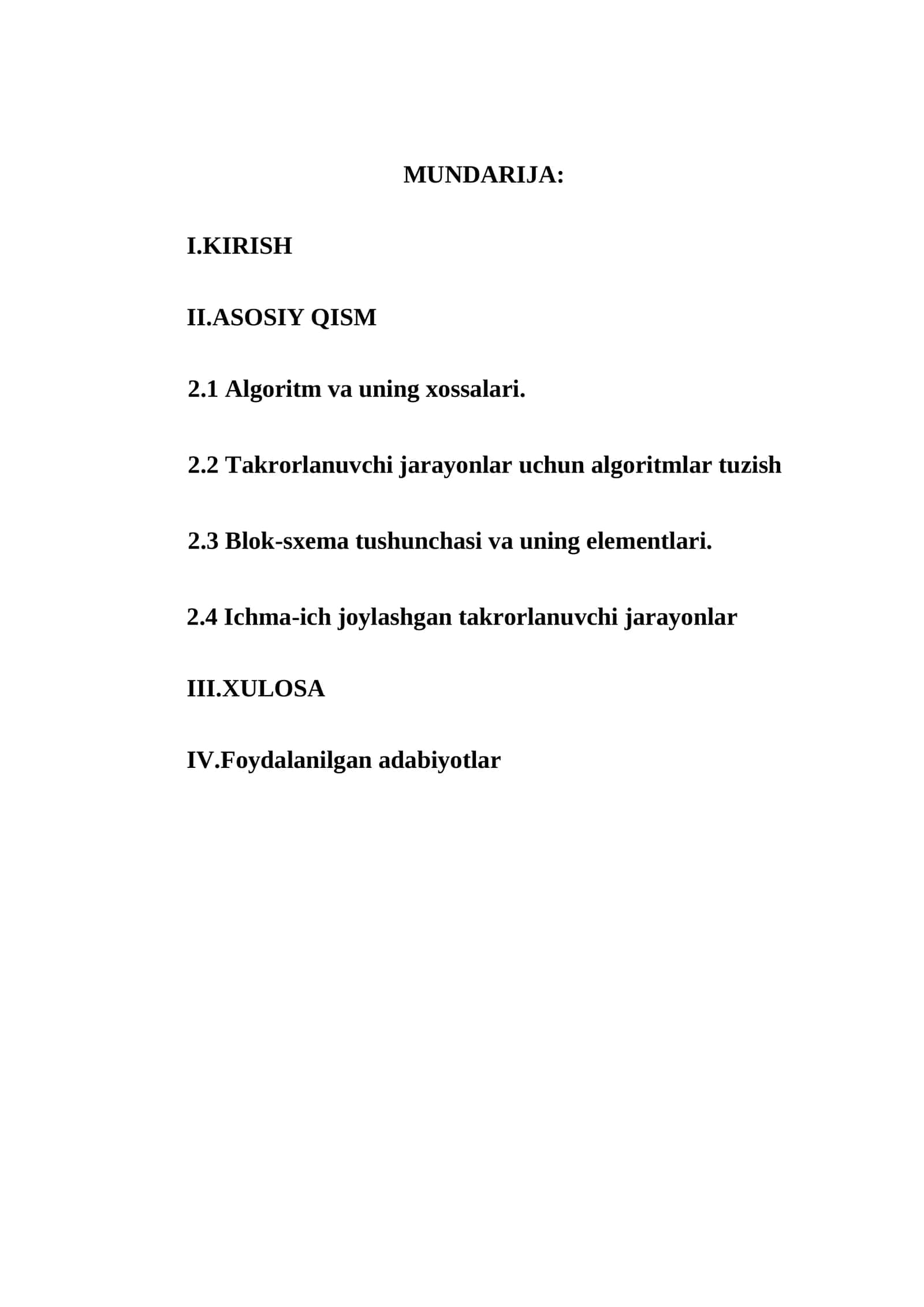 Algoritm va uning xossalari. Takrorlanuvchi jarayonlar uchun algoritmlar tuzish. Blok-sxеma tushunchasi va uning elеmеntlari. Ichma-ich joylashgan takrorlanuvchi jarayonlar 1