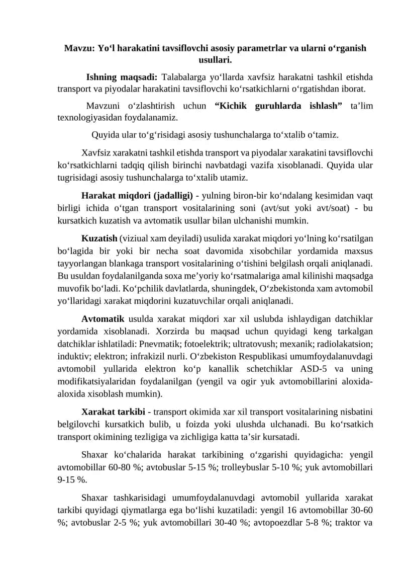 Yo‘l harakatini tavsiflovchi asosiy parametrlar va ularni o‘rganish usullari. 1