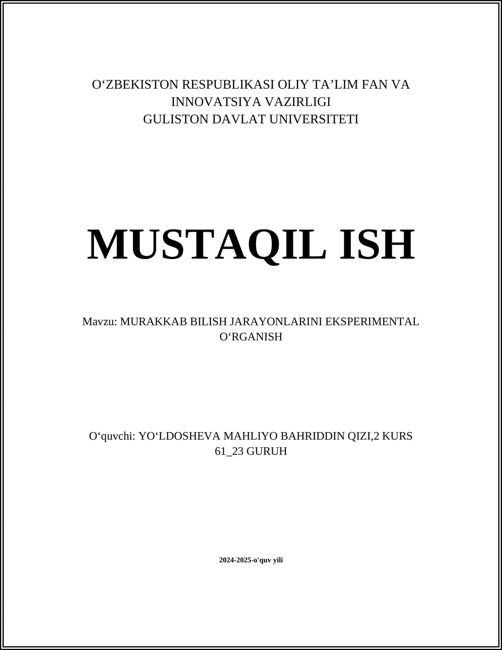 MURAKKAB BILISH JARAYONLARINI EKSPERIMENTAL OʻRGANISH 1