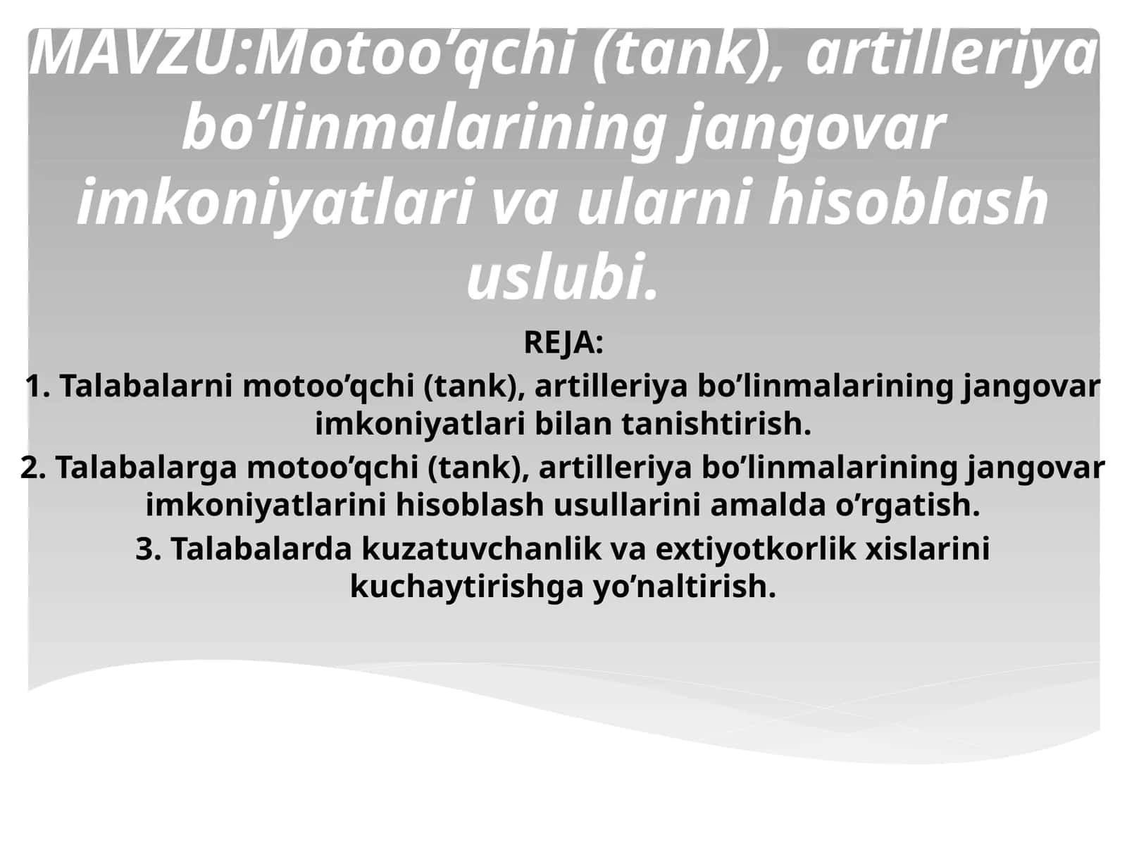 Motoo’qchi(tank),artilleriyabo’linmalariningjangovarimkoniyatlarivaularnihisoblashuslubi 1