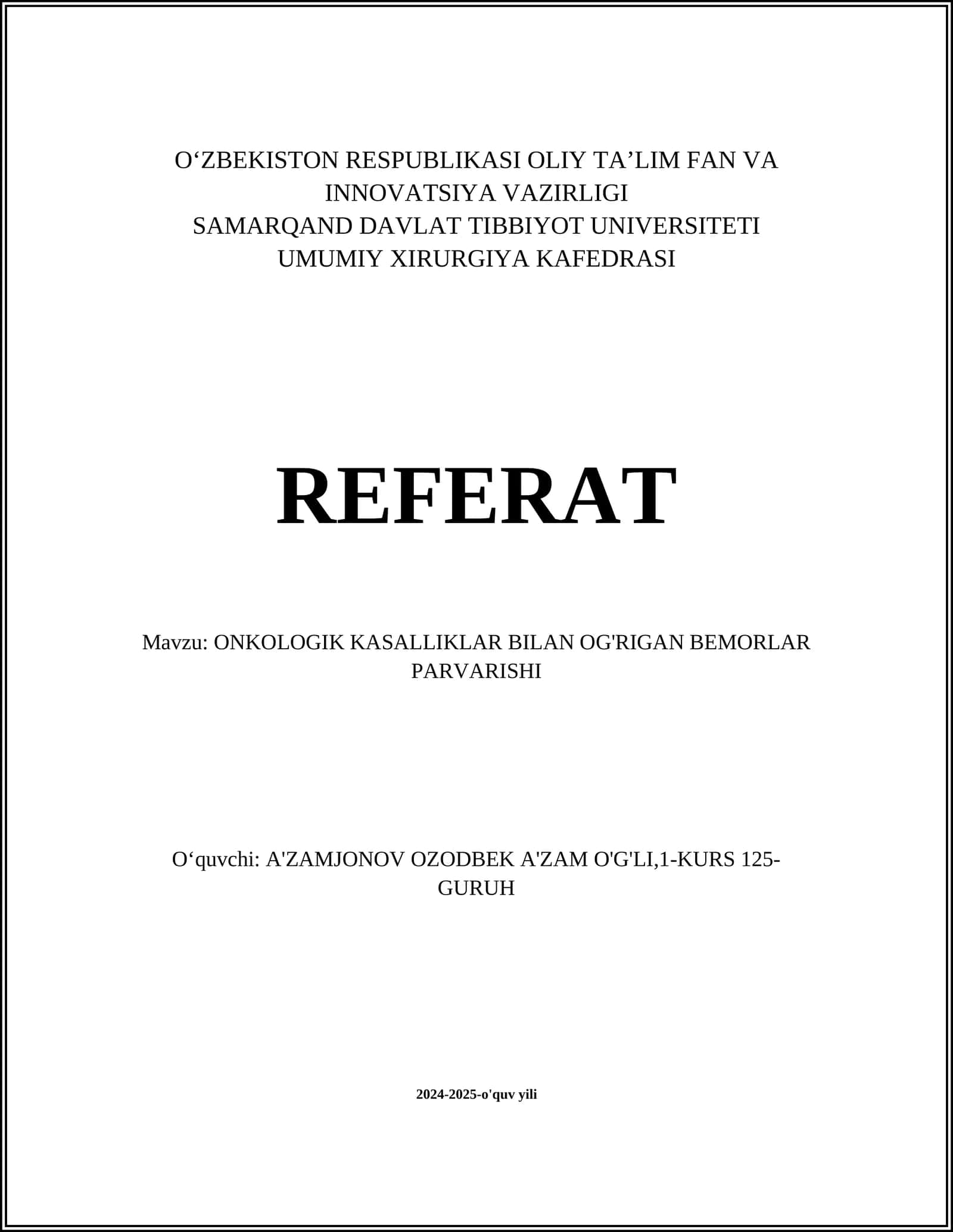 ONKOLOGIK KASALLIKLAR BILAN OG'RIGAN BEMORLAR PARVARISHI 1