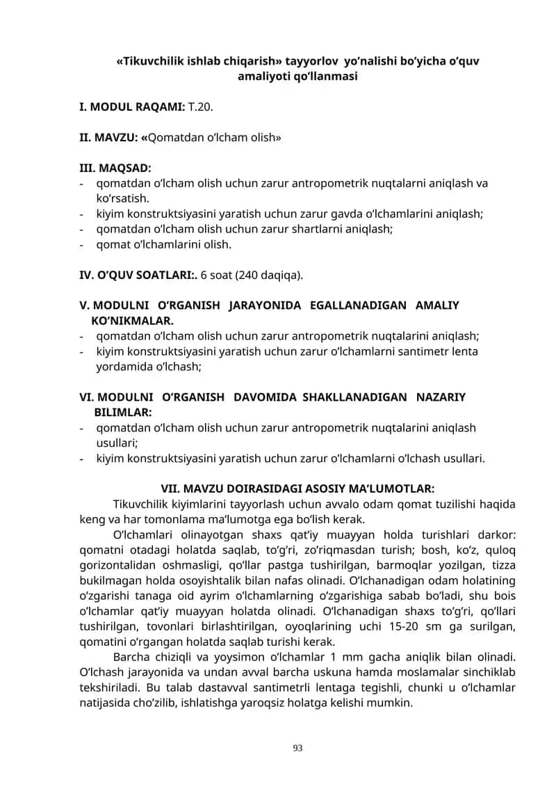 Tikuvchilik ishlab chiqarish tayyorlov yo’nalishi bo’yicha o’quv amaliyoti qo’llanmasi 1