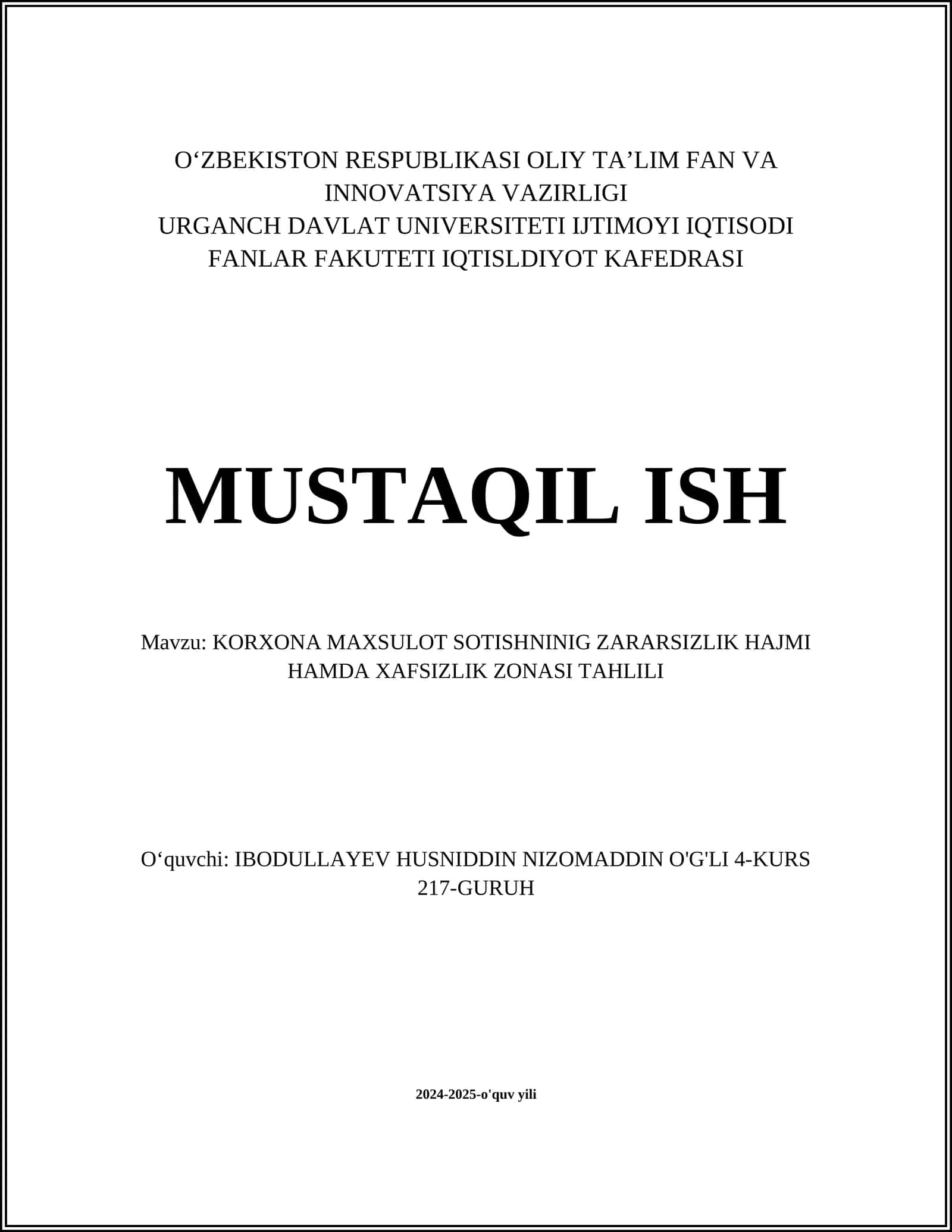 KORXONA MAXSULOT SOTISHNINIG ZARARSIZLIK HAJMI HAMDA XAFSIZLIK ZONASI TAHLILI 1