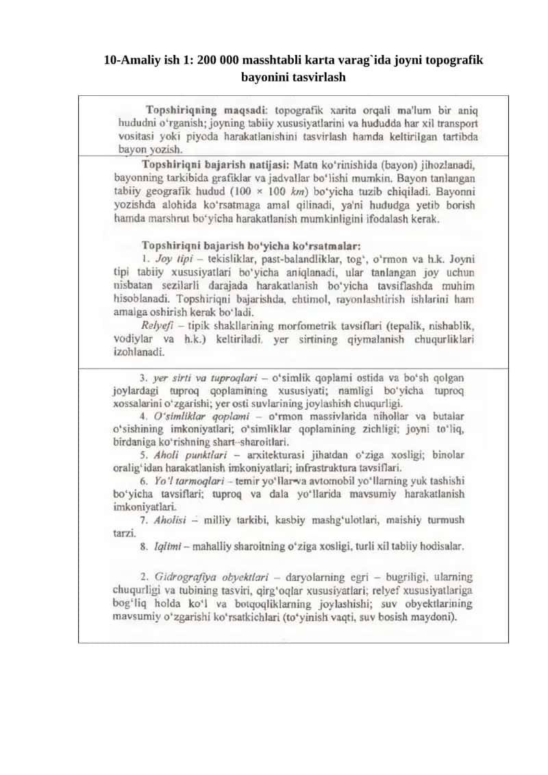 10-Amaliy ish 1: 200 000 masshtabli karta varag`ida joyni topografik bayonini tasvirlash 1