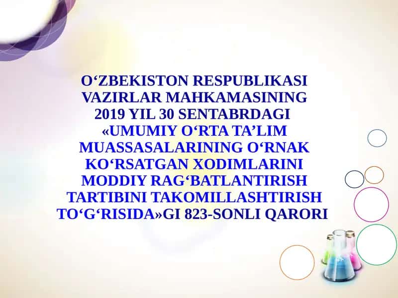 Umumiy o‘rta ta’lim muassasalarining o‘rnak ko‘rsatgan xodimlarini moddiy rag‘batlantirish tartibini takomillashtirish to‘g‘risida 1