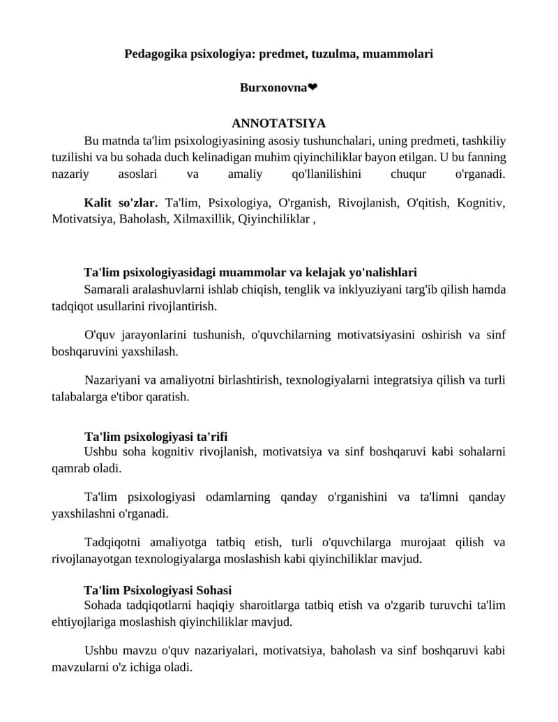 Pedagogika psixologiya: predmet, tuzulma, muammolari 1