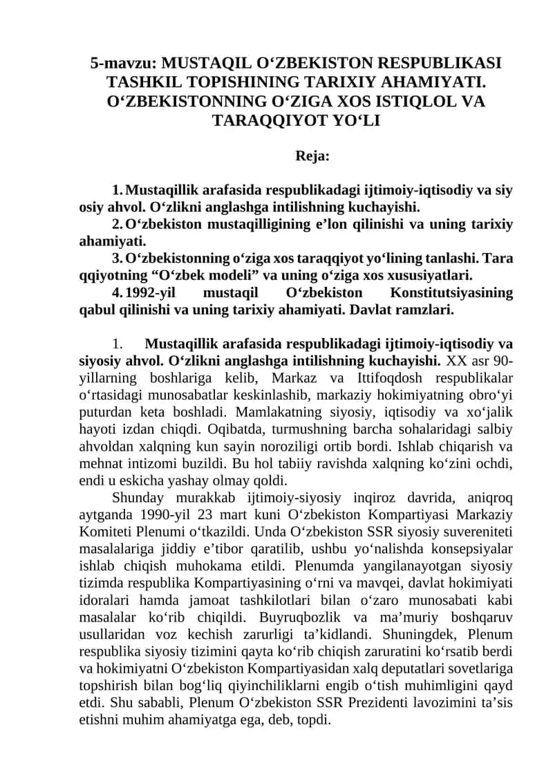 MUSTAQIL O‘ZBEKISTON RESPUBLIKASI TASHKIL TOPISHINING TARIXIY AHAMIYATI 1