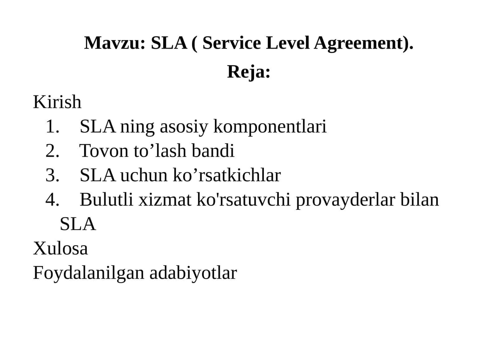 Service Level Agreement (SLA) 1