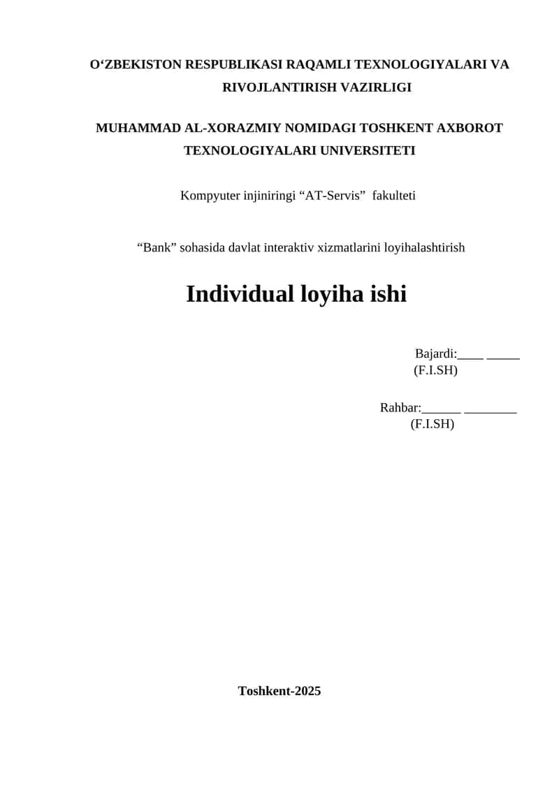 “Bank” sohasida davlat interaktiv xizmatlarini loyihalashtirish 1