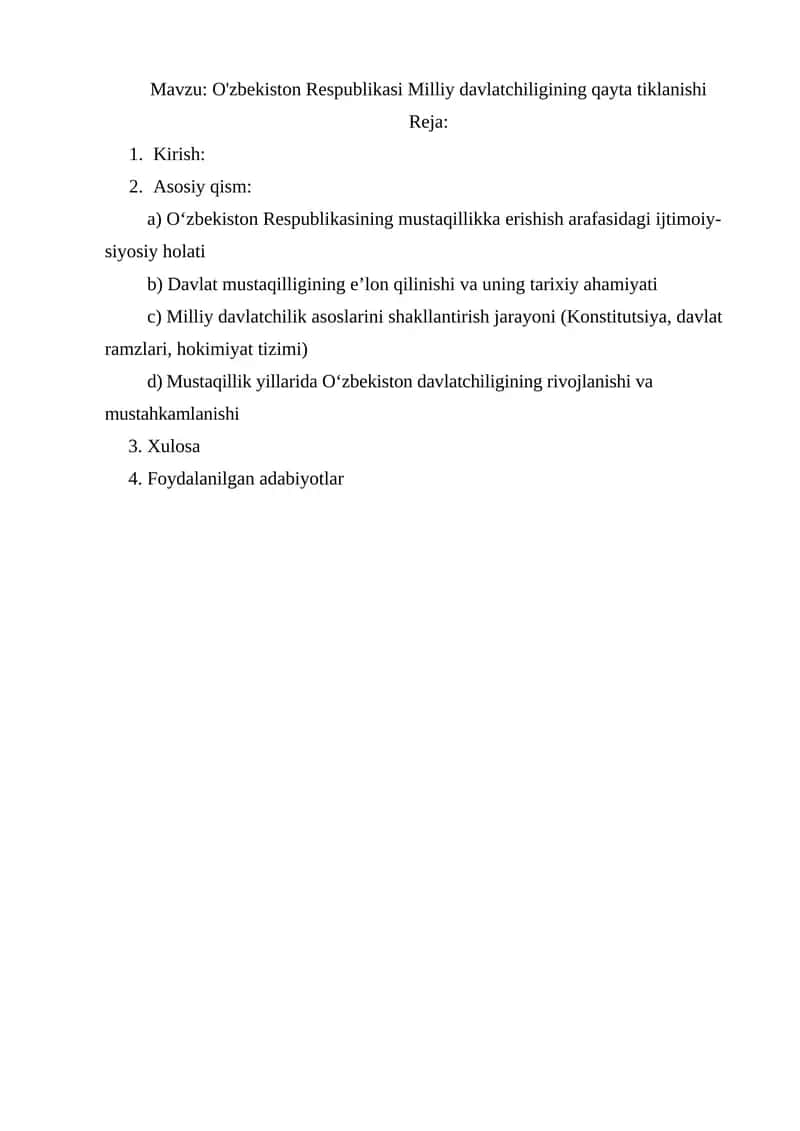 O'zbekiston Respublikasi Milliy davlatchiligining qayta tiklanishi 1