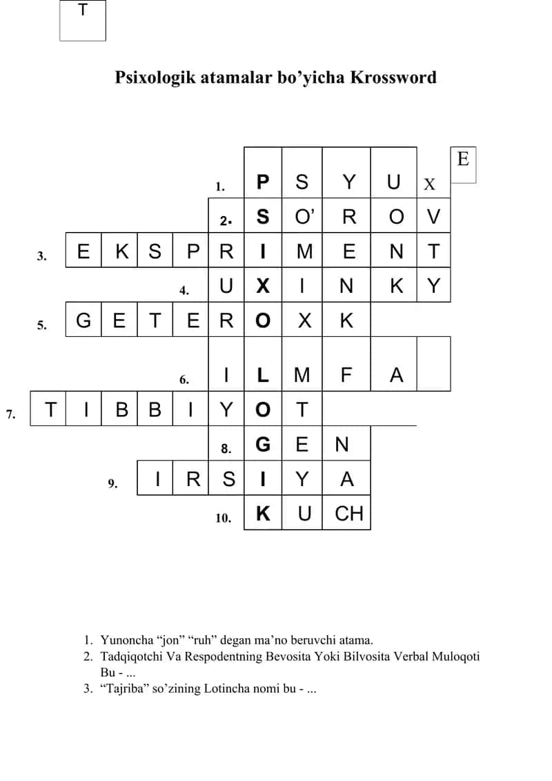 Psixologik atamalar bo’yicha Krossword 1