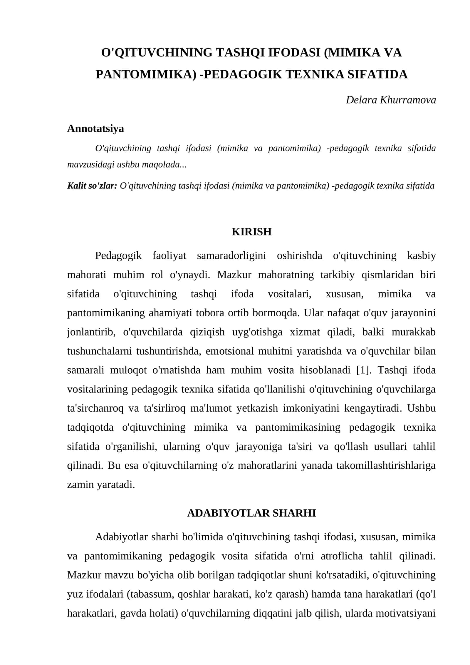 O'QITUVCHINING TASHQI IFODASI (MIMIKA VA PANTOMIMIKA) -PEDAGOGIK TEXNIKA SIFATIDA 1
