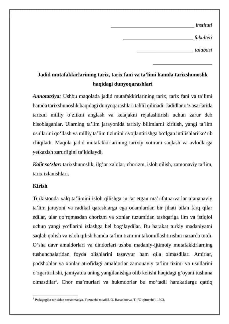 Jadid mutafakkirlarining tarix, tarix fani va ta’limi 1