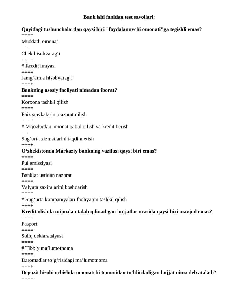 Bank ishi fanidan test savollari javoblari bilan 1