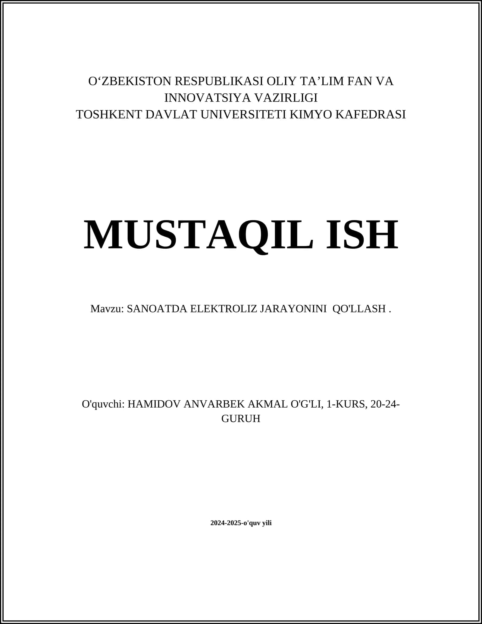 SANOATDA ELEKTROLIZ JARAYONINI QO'LLASH 1
