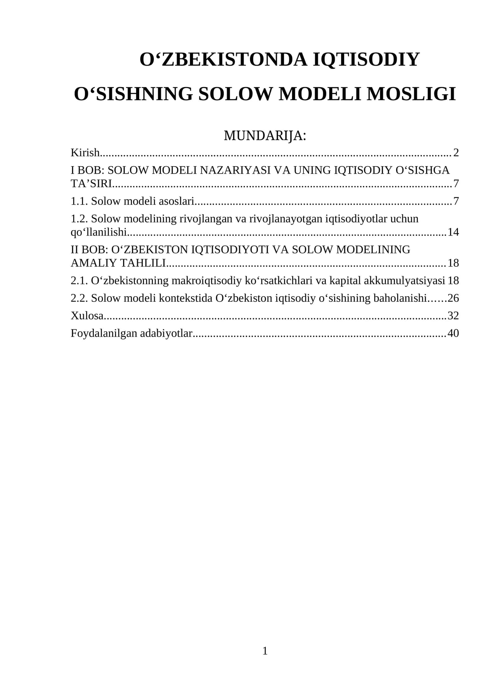 Oʻzbekistonda Iqtisodiy Oʻsishning Solow Modeli Mosligi 1