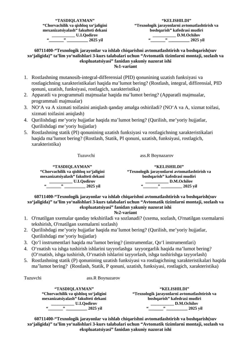 “Avtomatik tizimlarni montaji, sozlash va ekspluatatsiyasi” fanidan yakuniy nazorat ishi 1